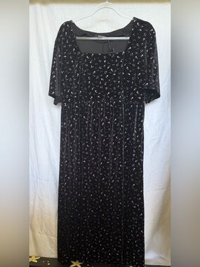 Disturbia Black Velvet Maxi Dress with Pink Floral Print